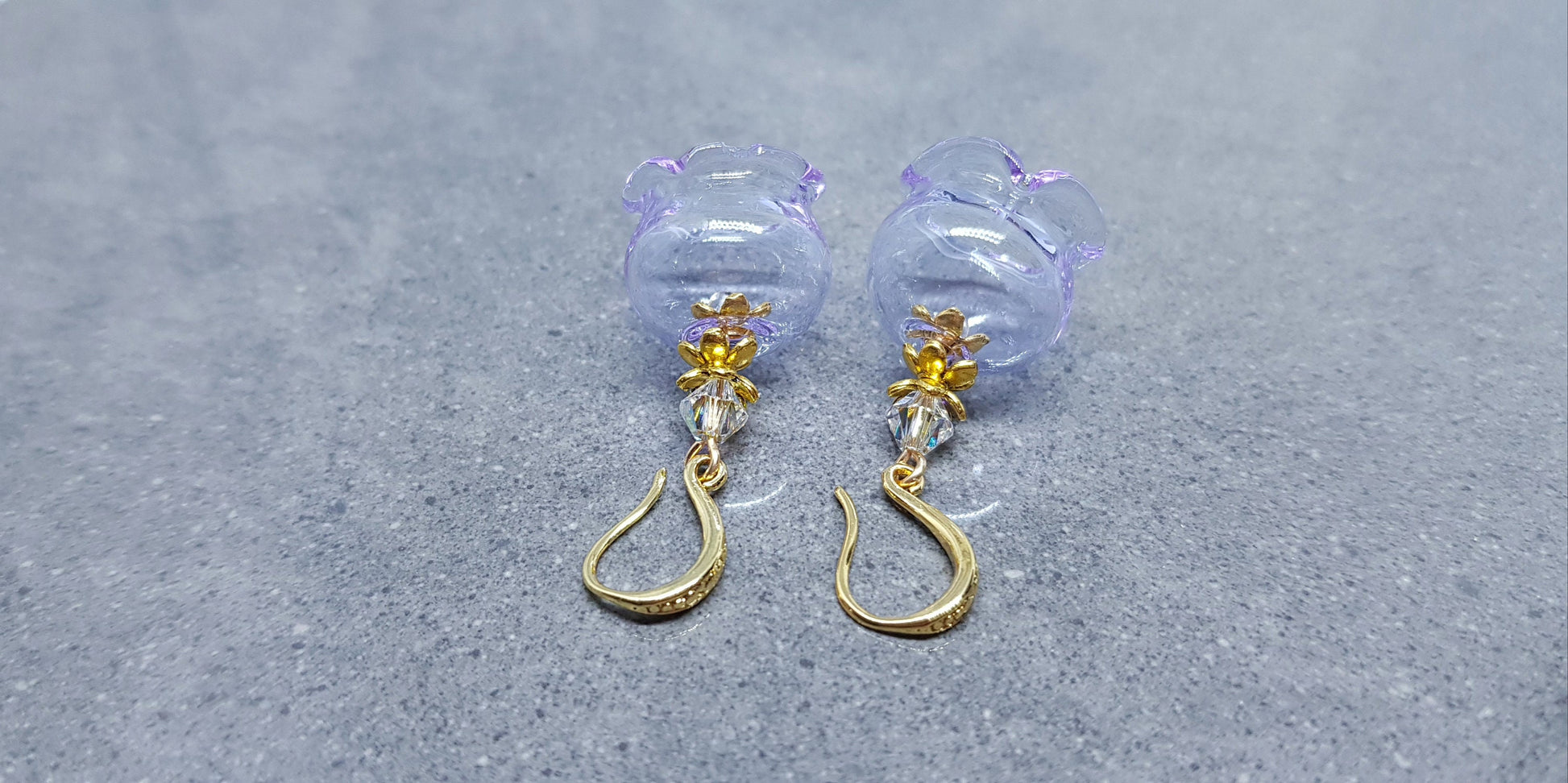 Glass Flower Earrings, Hypoallergenic Brass Ear Wires, Lavender Earrings, Clear PRIMERO Crystals®