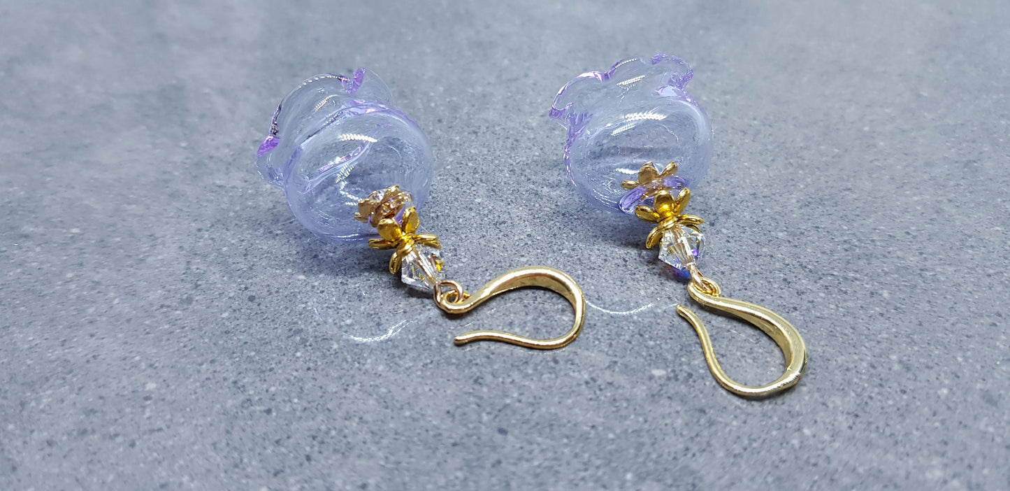 Glass Flower Earrings, Hypoallergenic Brass Ear Wires, Lavender Earrings, Clear PRIMERO Crystals®