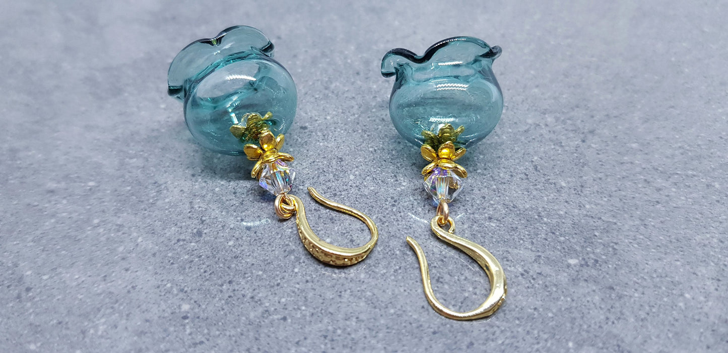 Glass Flower Earrings, Hypoallergenic Brass Ear Wires, Teal Earrings, Clear PRIMERO Crystals®