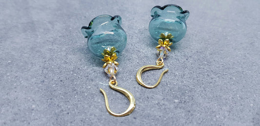 Glass Flower Earrings, Hypoallergenic Brass Ear Wires, Teal Earrings, Clear PRIMERO Crystals®