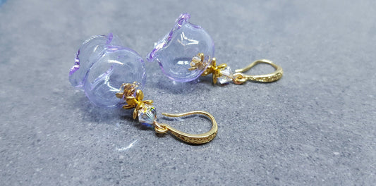 Glass Flower Earrings, Hypoallergenic Brass Ear Wires, Lavender Earrings, Clear PRIMERO Crystals®