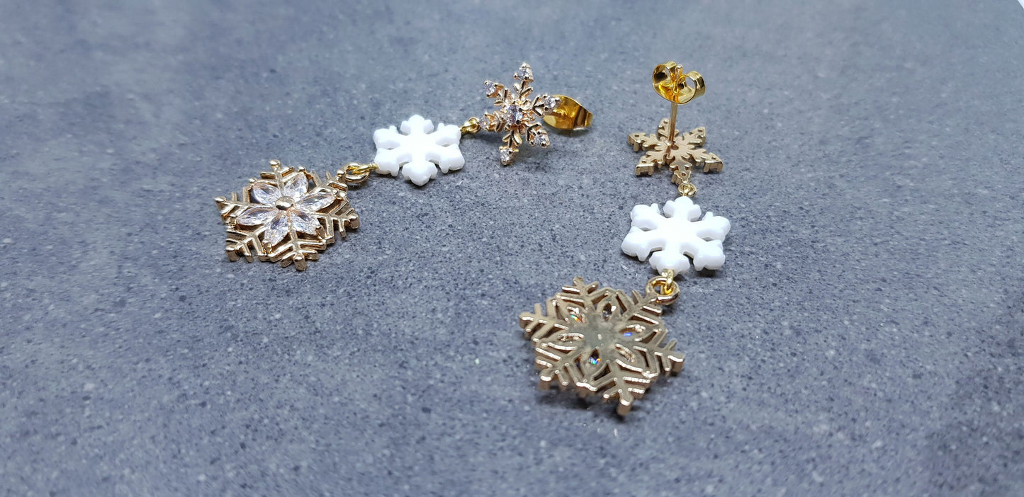 Gold Snowflake Earrings, Brass Micro Pave Cubic Zirconia, White Acrylic Snowflake, Christmas Earrings, Festive Earrings, Sparkly Gifts