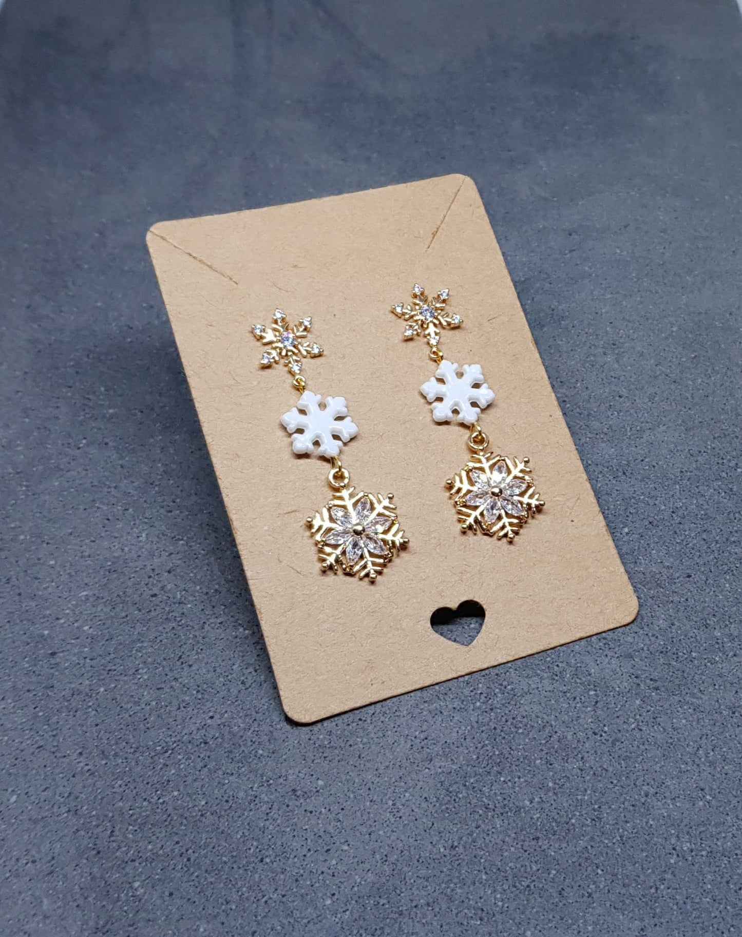 Gold Snowflake Earrings, Brass Micro Pave Cubic Zirconia, White Acrylic Snowflake, Christmas Earrings, Festive Earrings, Sparkly Gifts