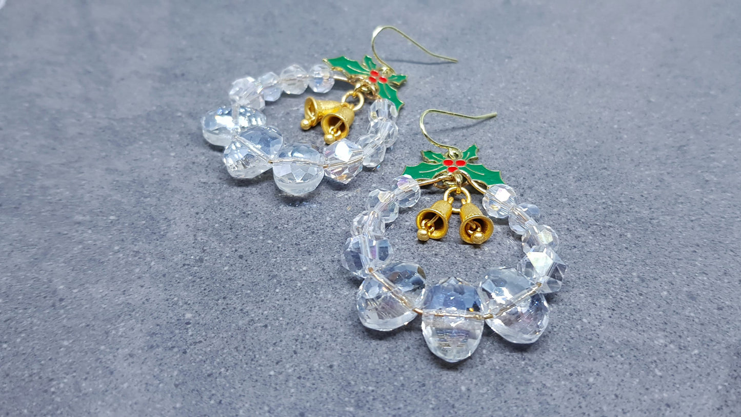 Christmas Wreath Earrings, Clear Glass Crystals, Hypoallergenic Ear Wires, Brushed Gold Brass Bells, Christmas Earrings, Sparkly Earrings