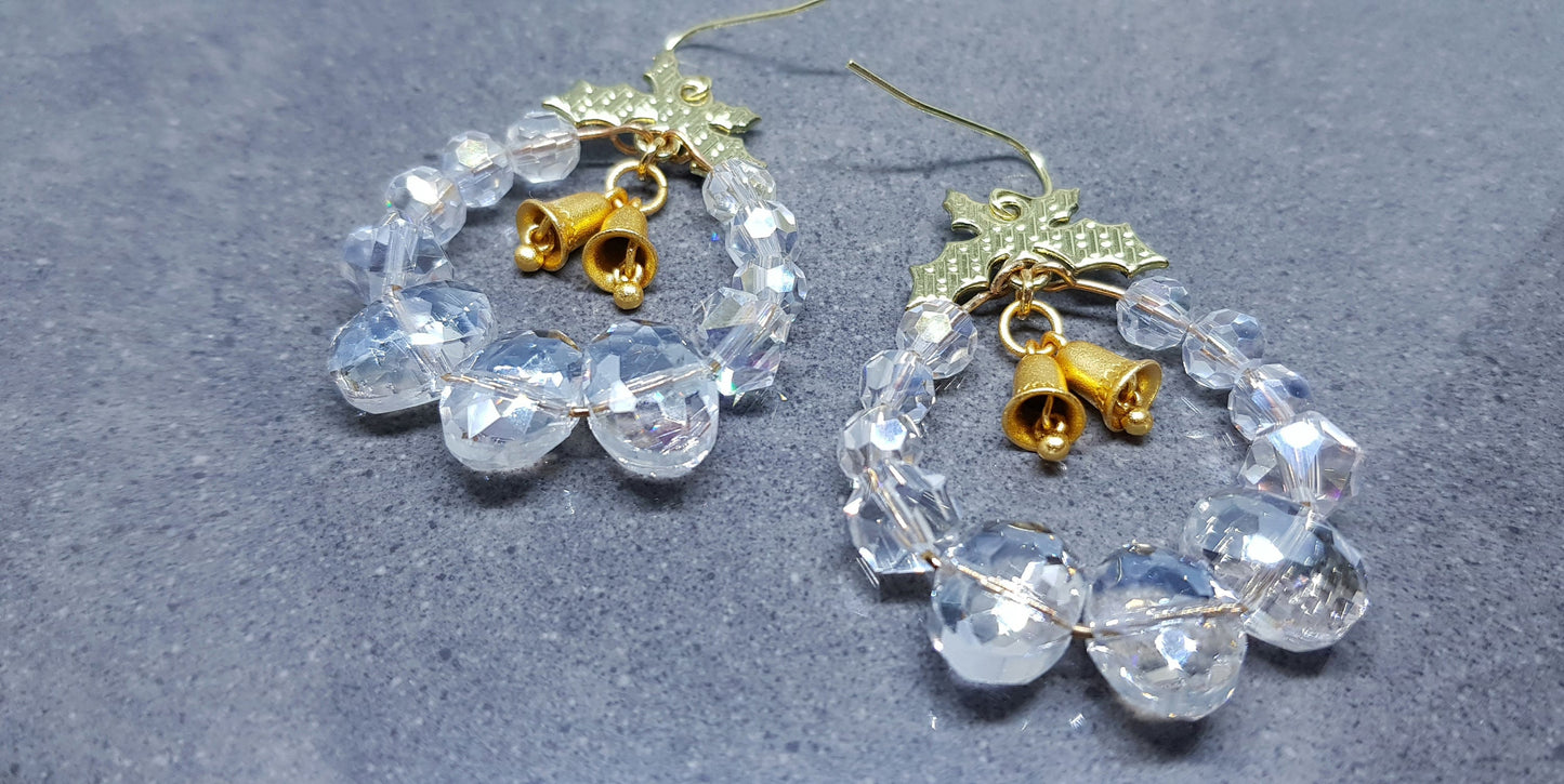 Christmas Wreath Earrings, Clear Glass Crystals, Hypoallergenic Ear Wires, Brushed Gold Brass Bells, Christmas Earrings, Sparkly Earrings