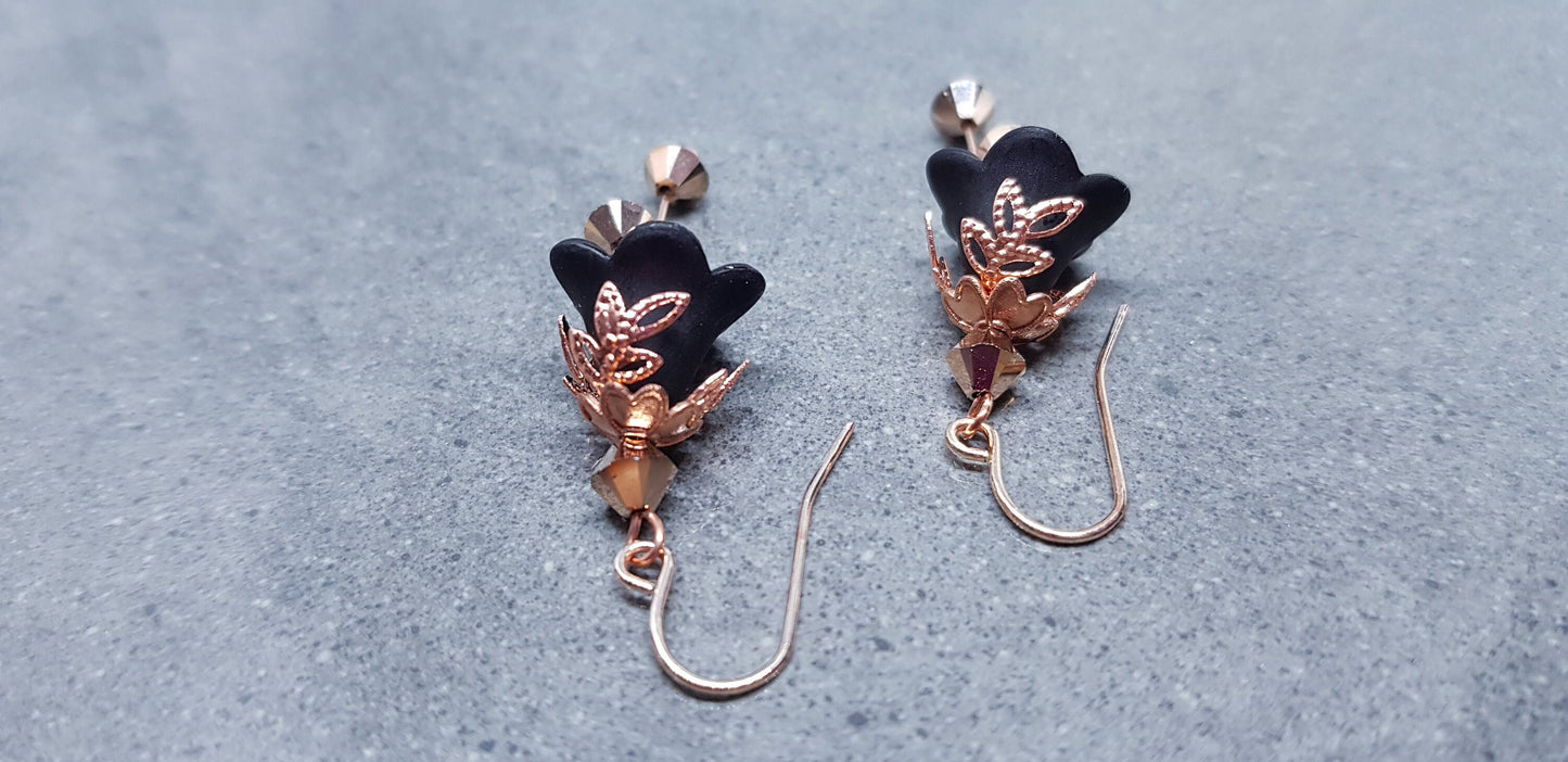 Black Flower Earrings, Hypoallergenic ear wires, Sterling Silver Ear Wires, Black PRIMERO Crystals®, Rose Gold Jewellery