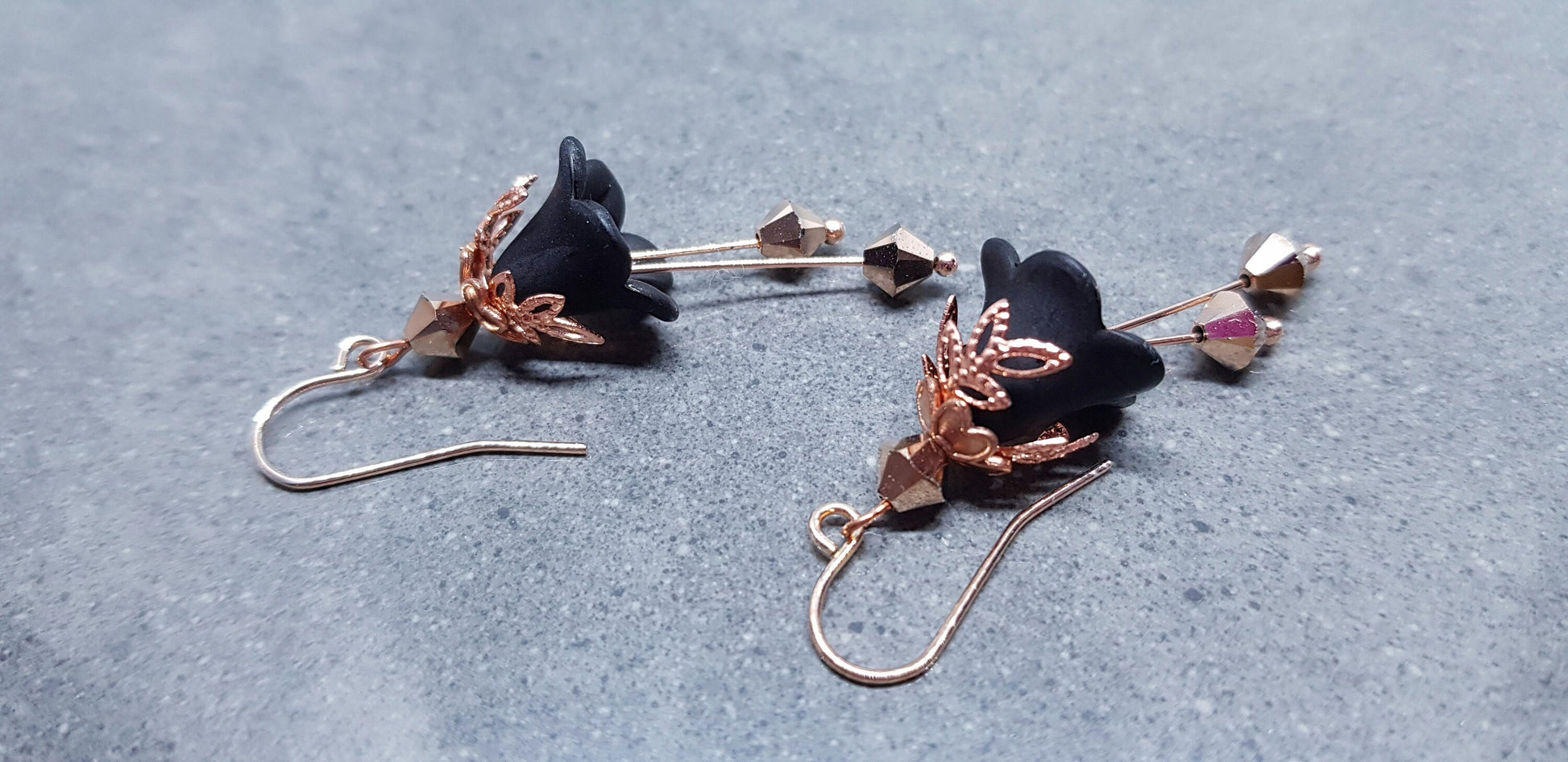 Black Flower Earrings, Hypoallergenic ear wires, Sterling Silver Ear Wires, Black PRIMERO Crystals®, Rose Gold Jewellery