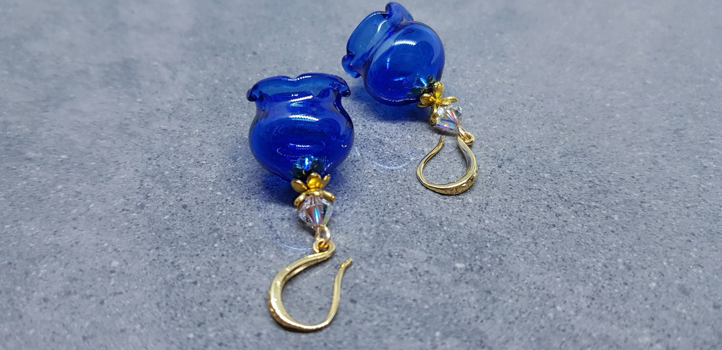 Glass Flower Earrings, Hypoallergenic Brass Ear Wires, Royal Blue Earrings, Clear PRIMERO Crystals®