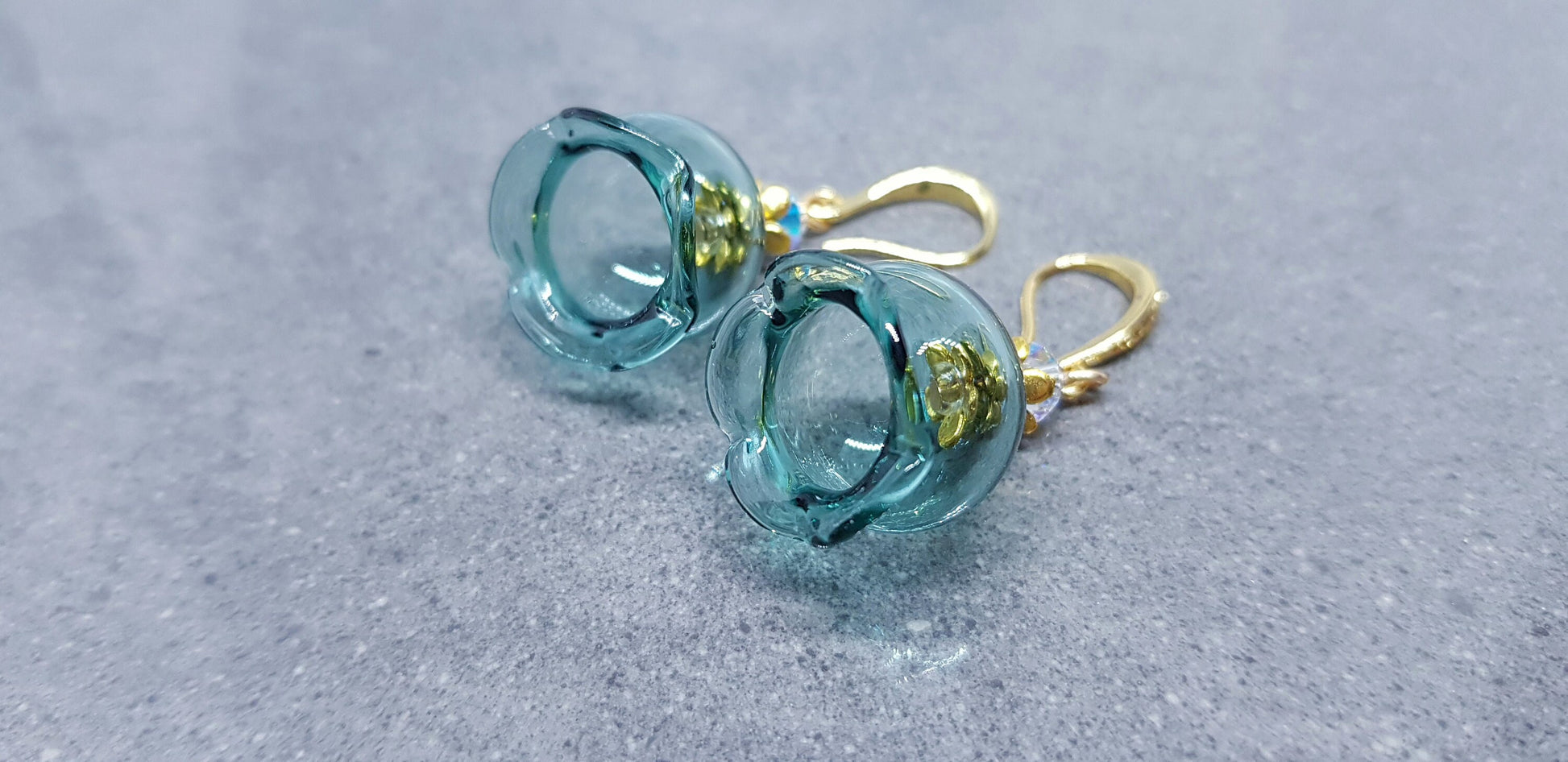 Glass Flower Earrings, Hypoallergenic Brass Ear Wires, Teal Earrings, Clear PRIMERO Crystals®