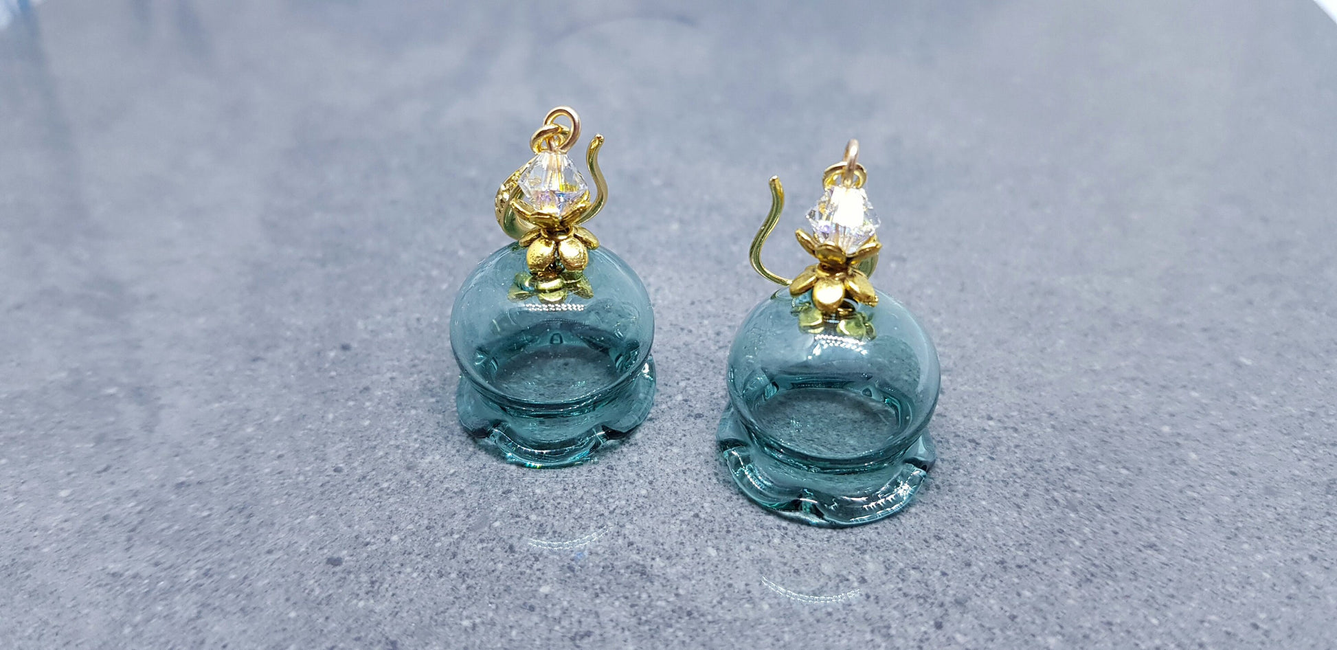 Glass Flower Earrings, Hypoallergenic Brass Ear Wires, Teal Earrings, Clear PRIMERO Crystals®