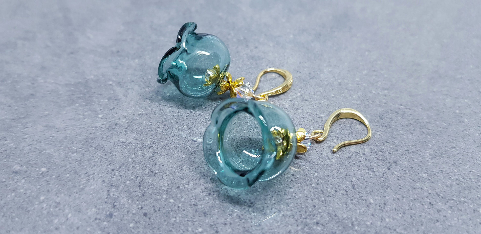 Glass Flower Earrings, Hypoallergenic Brass Ear Wires, Teal Earrings, Clear PRIMERO Crystals®