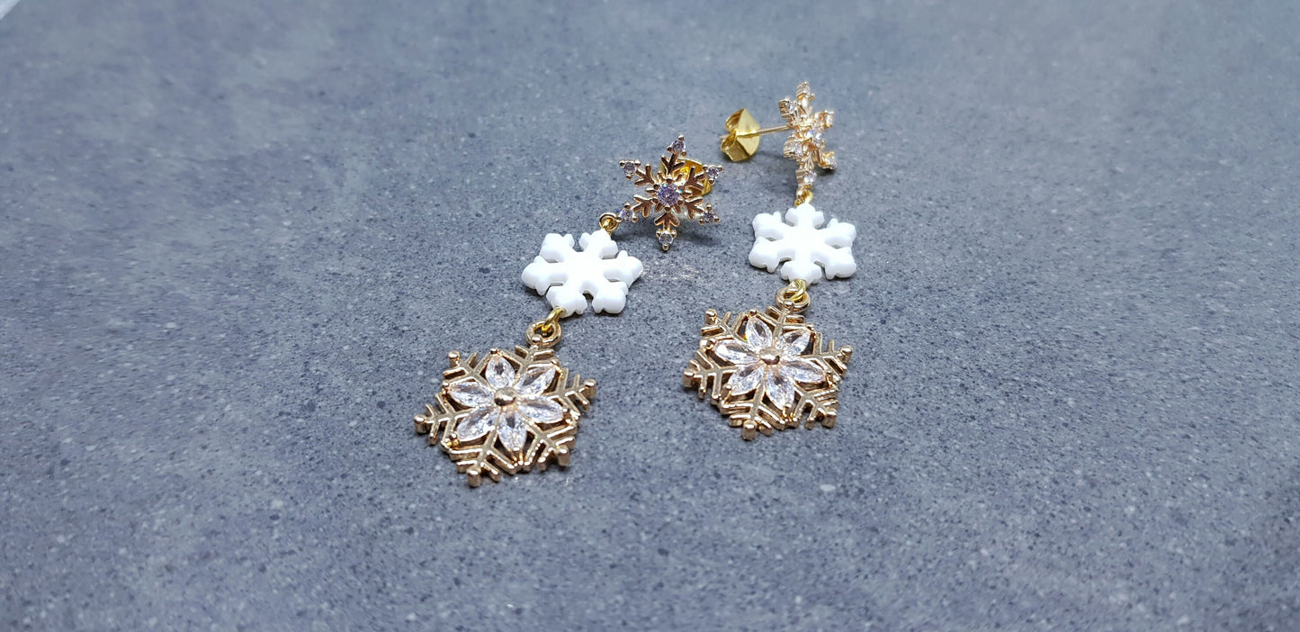 Gold Snowflake Earrings, Brass Micro Pave Cubic Zirconia, White Acrylic Snowflake, Christmas Earrings, Festive Earrings, Sparkly Gifts