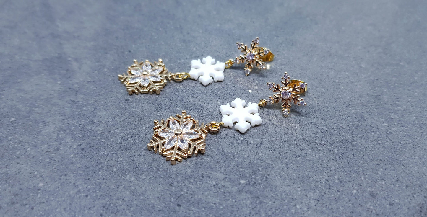 Gold Snowflake Earrings, Brass Micro Pave Cubic Zirconia, White Acrylic Snowflake, Christmas Earrings, Festive Earrings, Sparkly Gifts