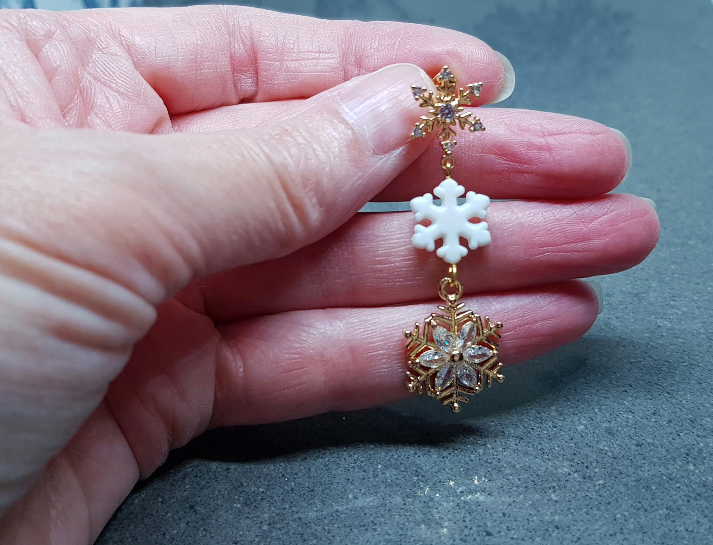 Gold Snowflake Earrings, Brass Micro Pave Cubic Zirconia, White Acrylic Snowflake, Christmas Earrings, Festive Earrings, Sparkly Gifts