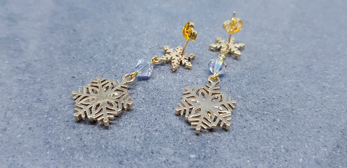 Gold Snowflake Earrings, Brass Micro Pave Cubic Zirconia, Clear PRIMERO Crystals®, Christmas Earrings, Festive Earrings, Sparkly Earrings