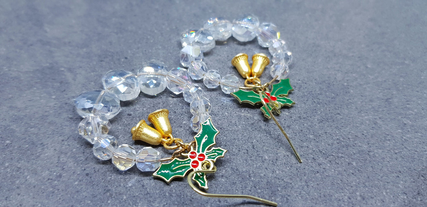 Christmas Wreath Earrings, Clear Glass Crystals, Hypoallergenic Ear Wires, Brushed Gold Brass Bells, Christmas Earrings, Sparkly Earrings