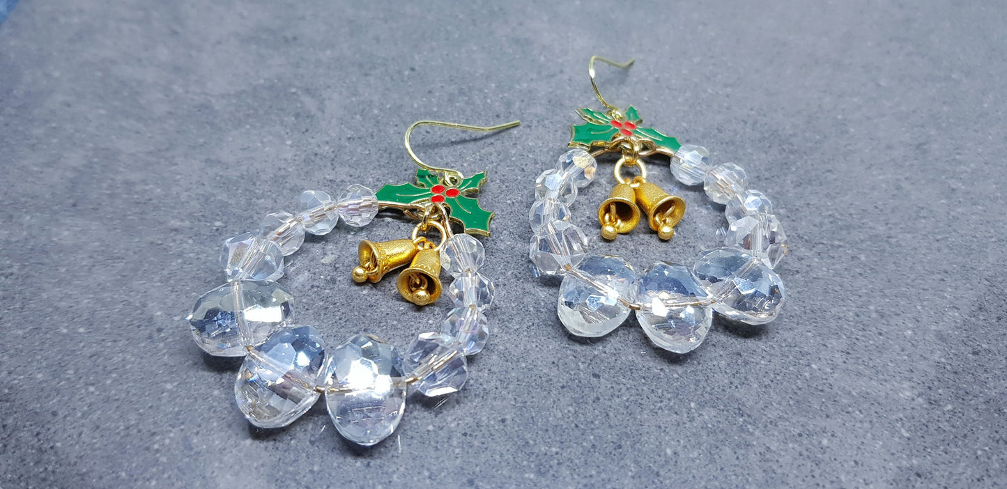 Christmas Wreath Earrings, Clear Glass Crystals, Hypoallergenic Ear Wires, Brushed Gold Brass Bells, Christmas Earrings, Sparkly Earrings