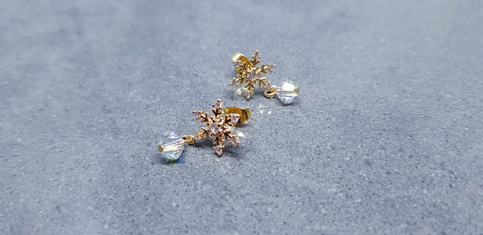 Snowflake Earrings, PRIMERO CRYSTALS®, Gold Snowflake Earrings, Small Drop Earrings, Cubic Zirconia Studs, Nickle Free, Festive Earrings