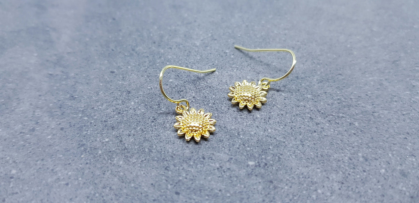 Brass Gold Sunflower Earrings, Flower Earrings, Gold Jewelry, Hypoallergenic Ear Wires or Sterling Silver Ear Wires