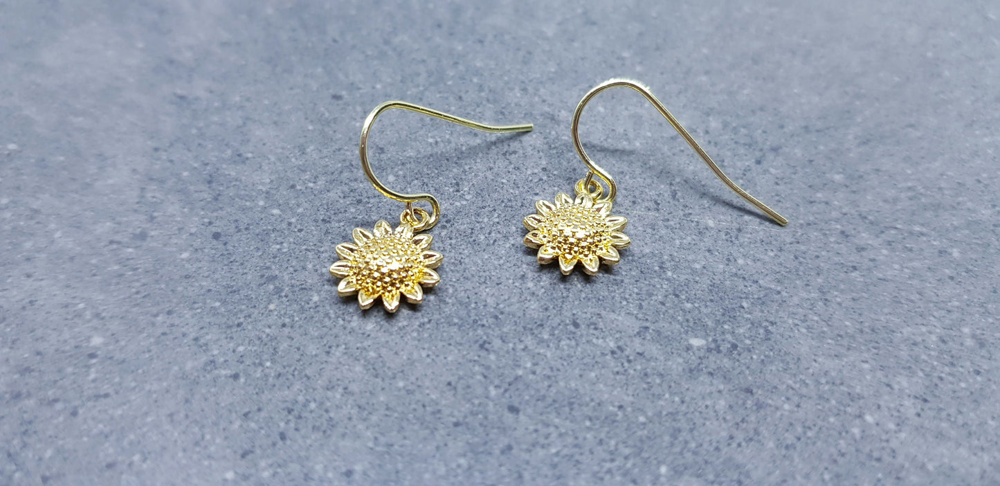 Brass Gold Sunflower Earrings, Flower Earrings, Gold Jewelry, Hypoallergenic Ear Wires or Sterling Silver Ear Wires