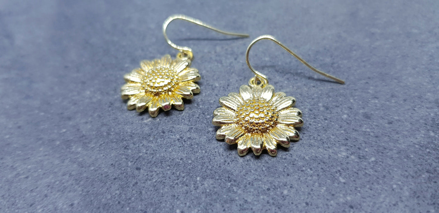 Gold Sunflower Earrings, Brass Sunflower, Flower Earrings, Real 18K Gold Plated, Hypoallergenic Ear Wires or Sterling Silver Ear Wires