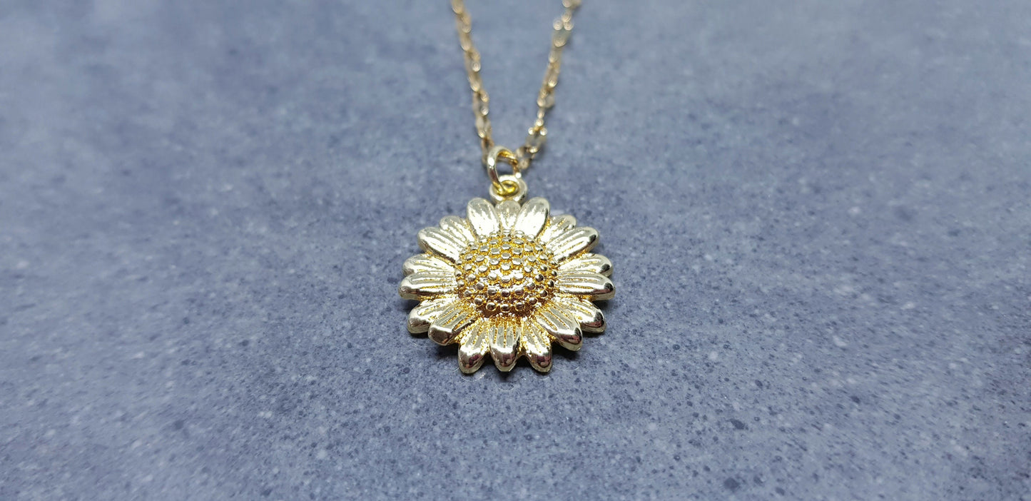 Gold Sunflower Necklace, Flower Jewelry, Brass Sunflower, 18K Gold Plated