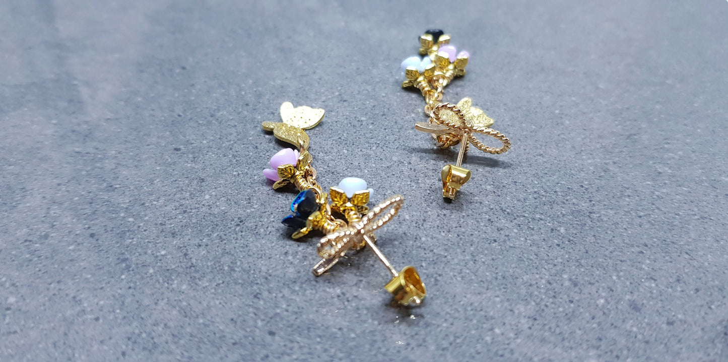 Butterfly Earrings, Iridescent Flower Earrings, Brass bow studs, Pretty Earrings, Asymmetrical Jewelry, Gold Plated Earrings