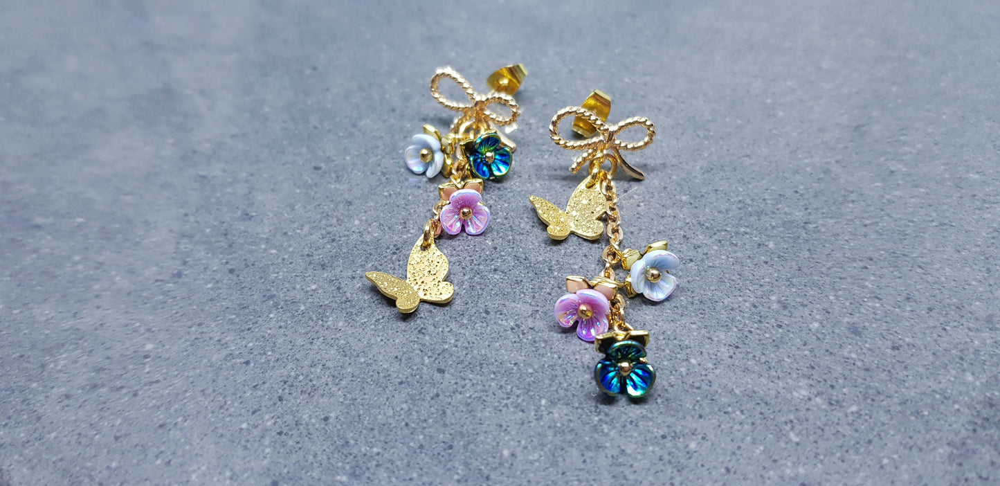 Butterfly Earrings, Iridescent Flower Earrings, Brass bow studs, Pretty Earrings, Asymmetrical Jewelry, Gold Plated Earrings