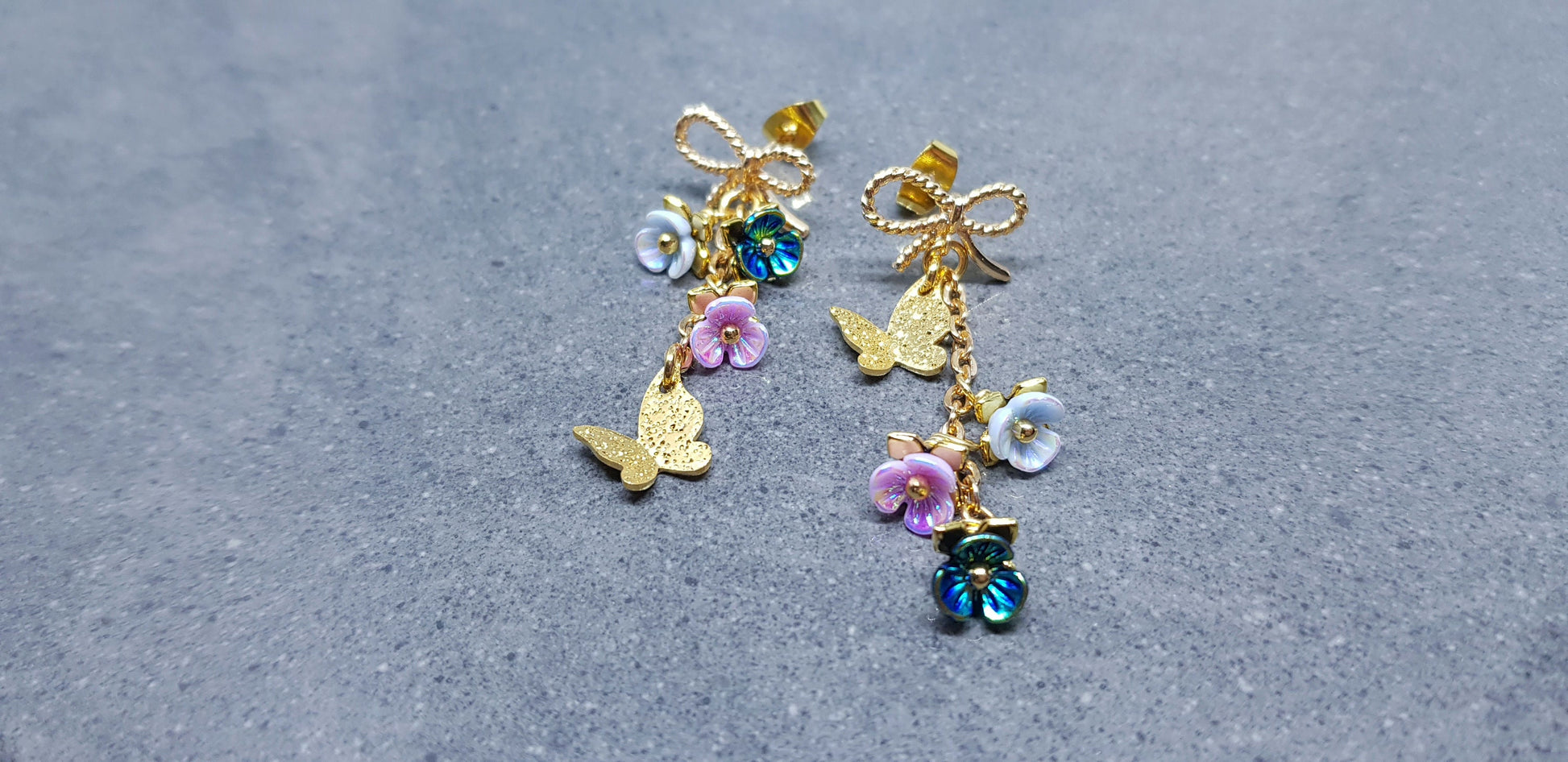 Butterfly Earrings, Iridescent Flower Earrings, Brass bow studs, Pretty Earrings, Asymmetrical Jewelry, Gold Plated Earrings