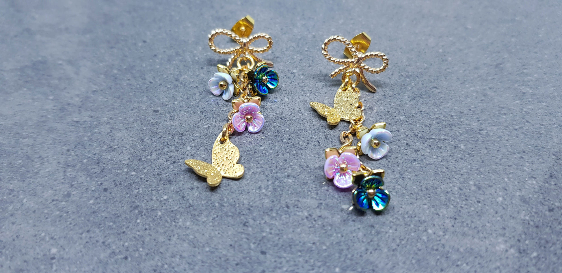 Butterfly Earrings, Iridescent Flower Earrings, Brass bow studs, Pretty Earrings, Asymmetrical Jewelry, Gold Plated Earrings