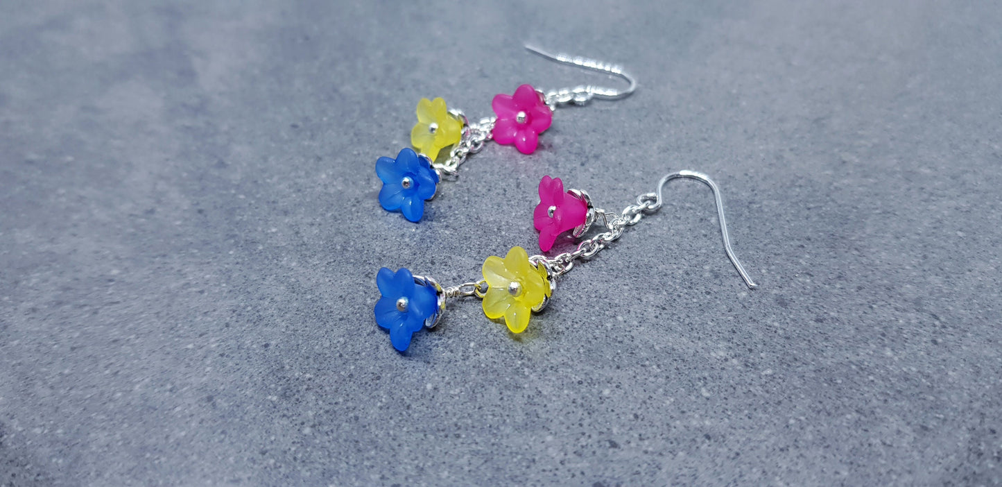 Pansexual Flower Earrings, Hypoallergenic Ear Wires, Rainbow Jewelry, Flower Earrings