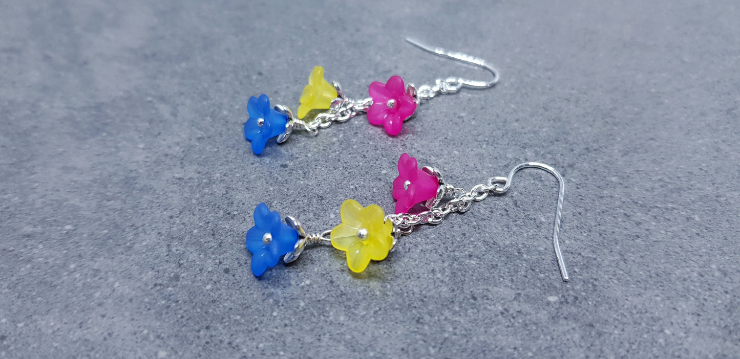 Pansexual Flower Earrings, Hypoallergenic Ear Wires, Rainbow Jewelry, Flower Earrings