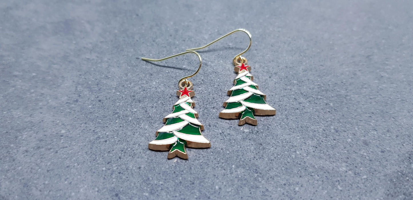 Christmas Tree Earrings, Choice of Ear Wires, Gold Christmas Earrings, Festive Earrings, Green, Red, White Enamelling, Christmas Tree
