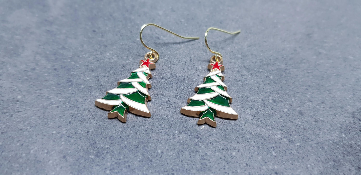 Christmas Tree Earrings, Choice of Ear Wires, Gold Christmas Earrings, Festive Earrings, Green, Red, White Enamelling, Christmas Tree