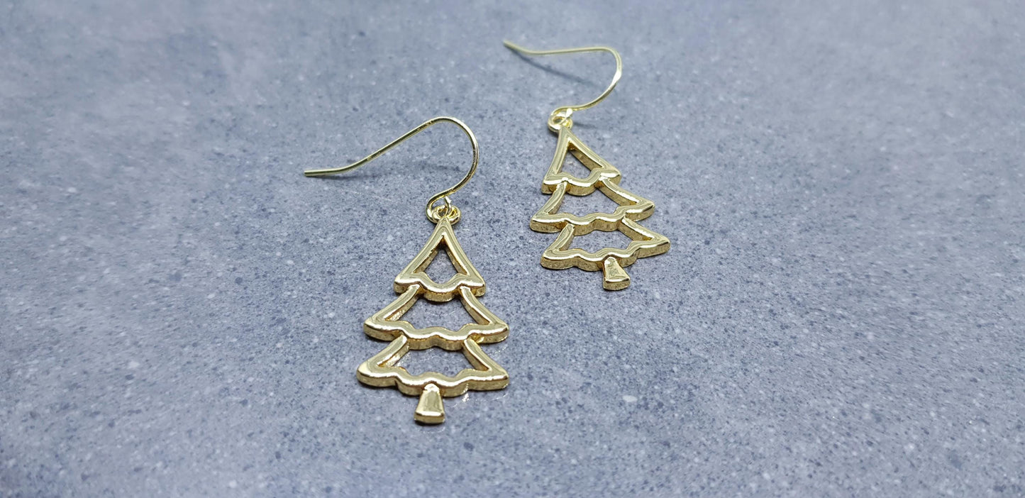 Christmas Tree Earrings, Hypoallergenic Ear Wires, Brass Real 18K Gold Plated, Christmas Earrings, Festive Earrings, Gold Christmas Tree