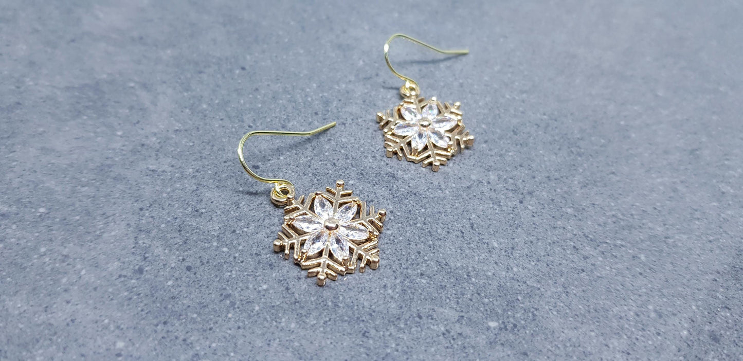 Snowflake Earrings, Hypoallergenic Ear Wires, Brass Micro Pave Cubic Zirconia, Gold Snowflake Earrings, Christmas Earrings, Festive Earrings