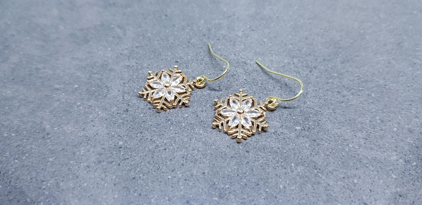 Snowflake Earrings, Hypoallergenic Ear Wires, Brass Micro Pave Cubic Zirconia, Gold Snowflake Earrings, Christmas Earrings, Festive Earrings