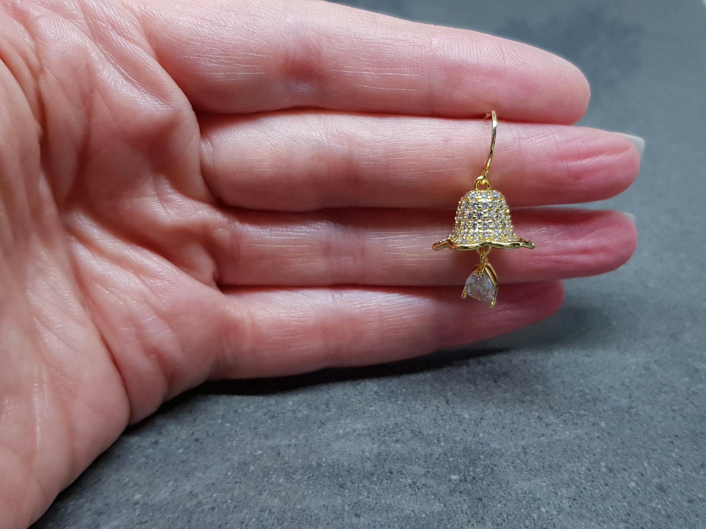 Christmas Bell Earrings, Brass Pave Cubic Zirconia, Choice of Ear Wires, Christmas Earrings, Real 18K Gold Plated