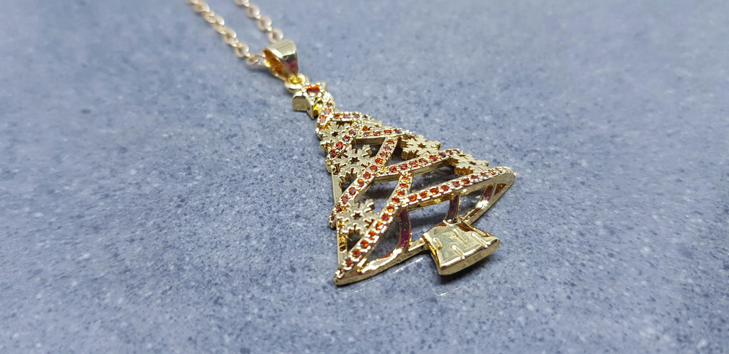 Christmas Tree Necklace, Brass Micro Pave Cubic Zirconia Pendant, Christmas Necklace, Festive Jewellery, Gold Christmas Tree