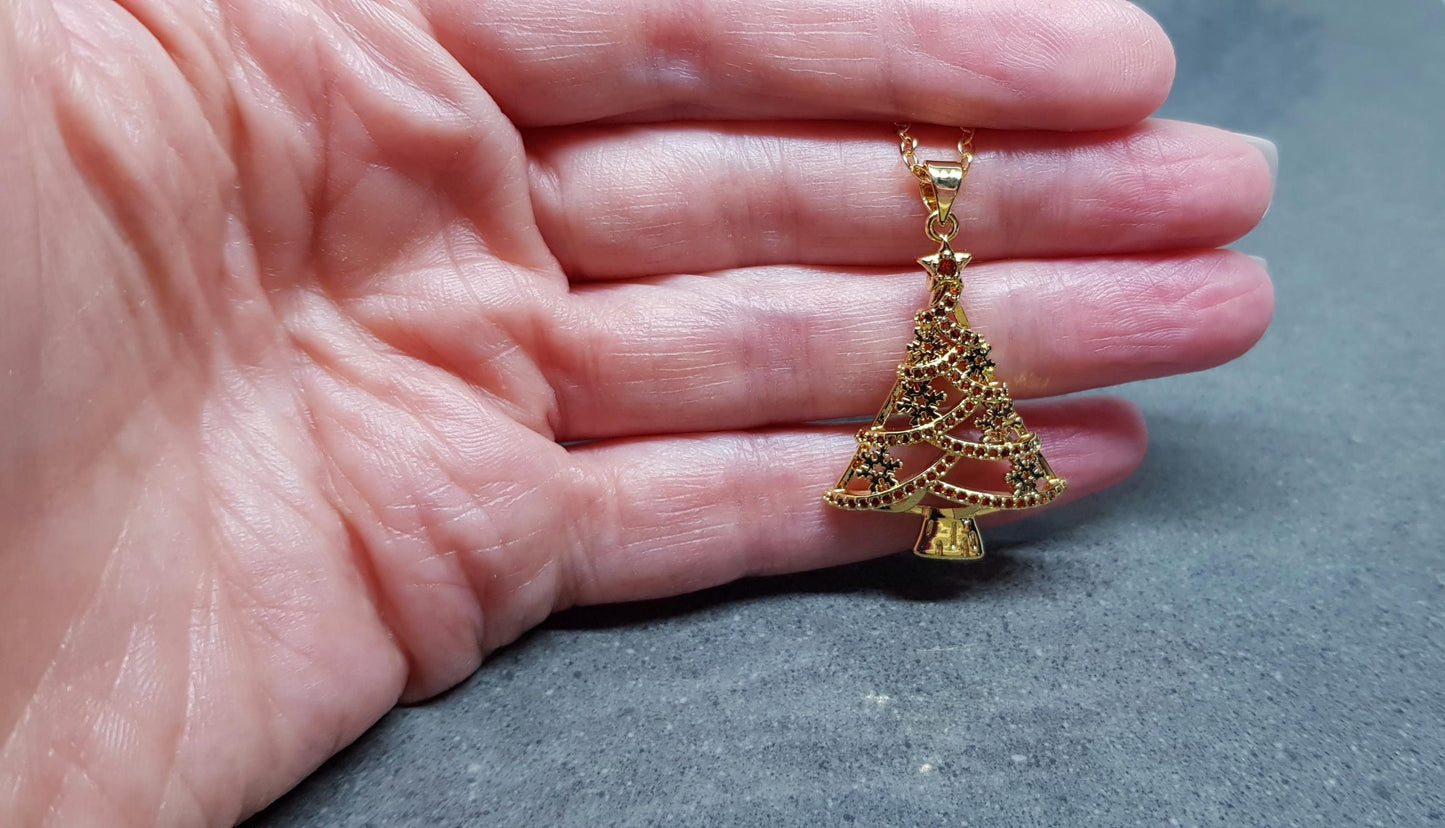 Christmas Tree Necklace, Brass Micro Pave Cubic Zirconia Pendant, Christmas Necklace, Festive Jewellery, Gold Christmas Tree