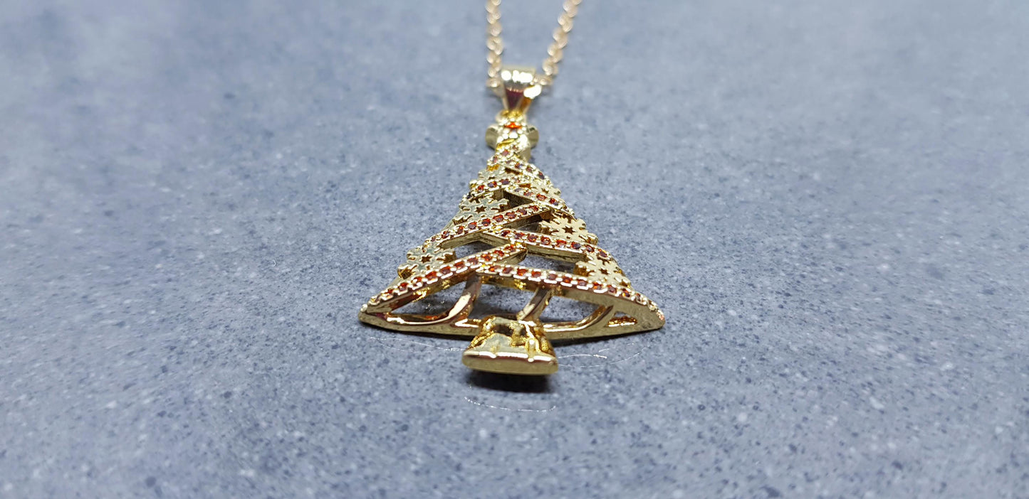 Christmas Tree Necklace, Brass Micro Pave Cubic Zirconia Pendant, Christmas Necklace, Festive Jewellery, Gold Christmas Tree