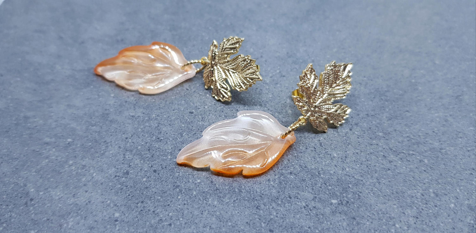 Glass Leaf Earrings, Brass Stud Earrings, Fall Earrings, Tree Earrings, Leaf Jewelry, Maple Leaf, Autumn Colours