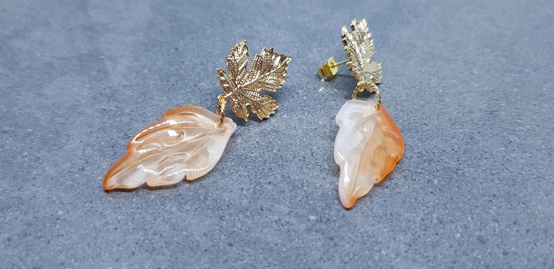 Glass Leaf Earrings, Brass Stud Earrings, Fall Earrings, Tree Earrings, Leaf Jewelry, Maple Leaf, Autumn Colours