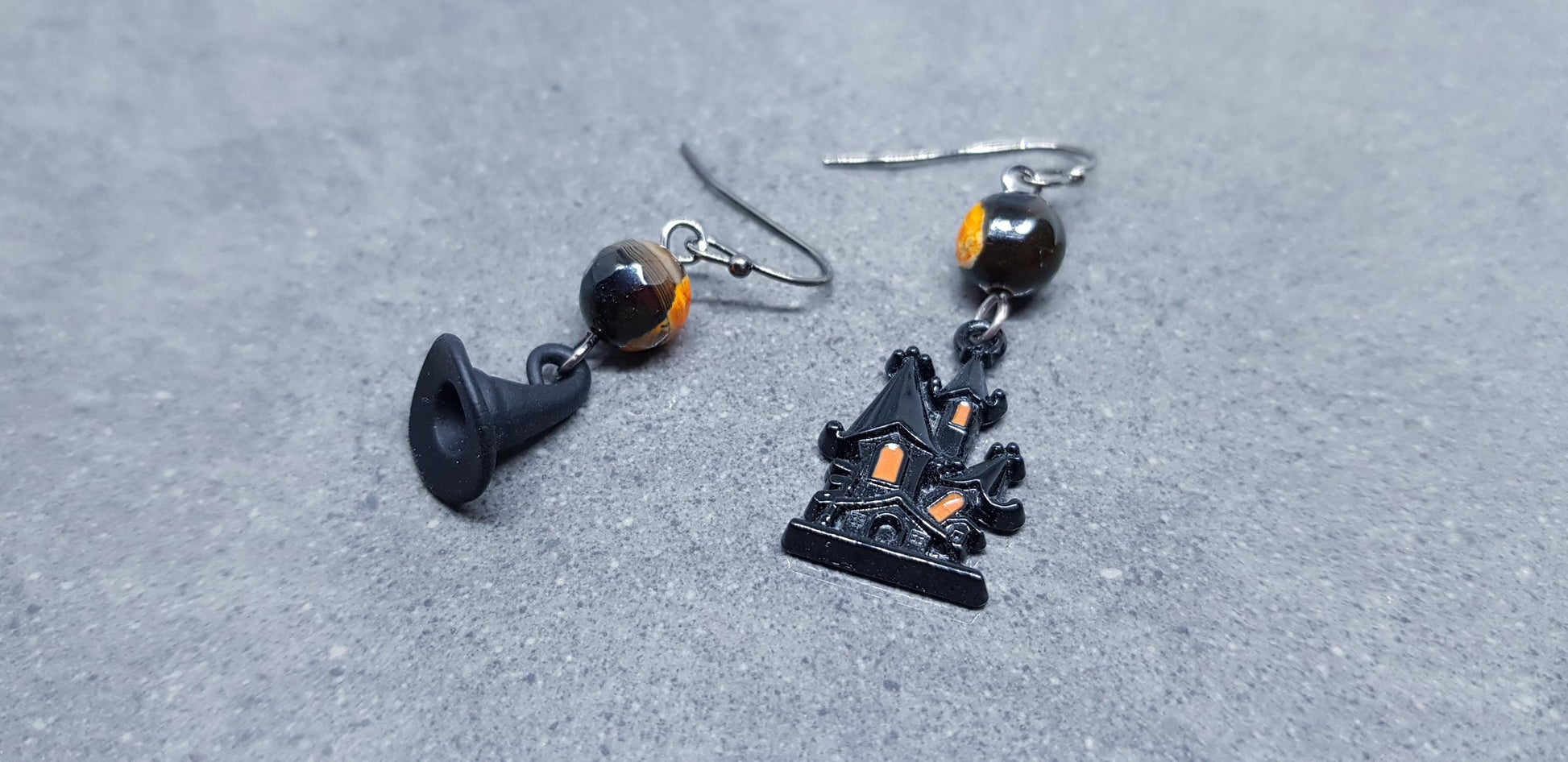 Haunted House Earrings, Hypoallergenic Ear Wires, Autumn Fall Earrings, Natural Fire Crackle Agate Beads, Halloween Earrings, Hallows Eve