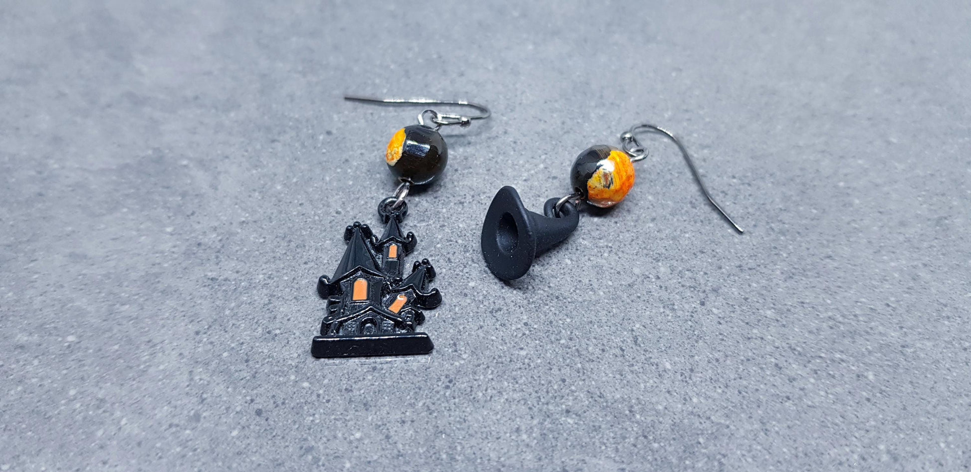 Haunted House Earrings, Hypoallergenic Ear Wires, Autumn Fall Earrings, Natural Fire Crackle Agate Beads, Halloween Earrings, Hallows Eve