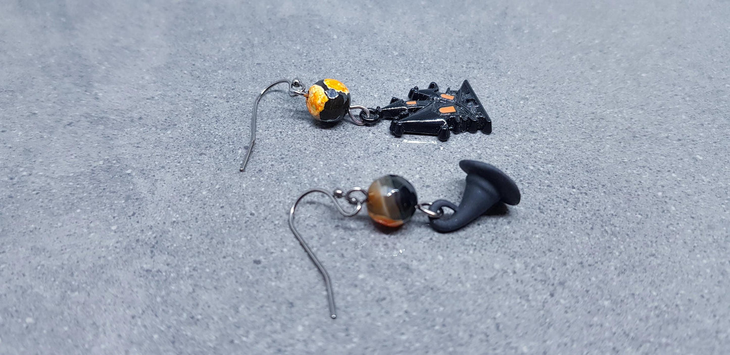 Haunted House Earrings, Hypoallergenic Ear Wires, Autumn Fall Earrings, Natural Fire Crackle Agate Beads, Halloween Earrings, Hallows Eve