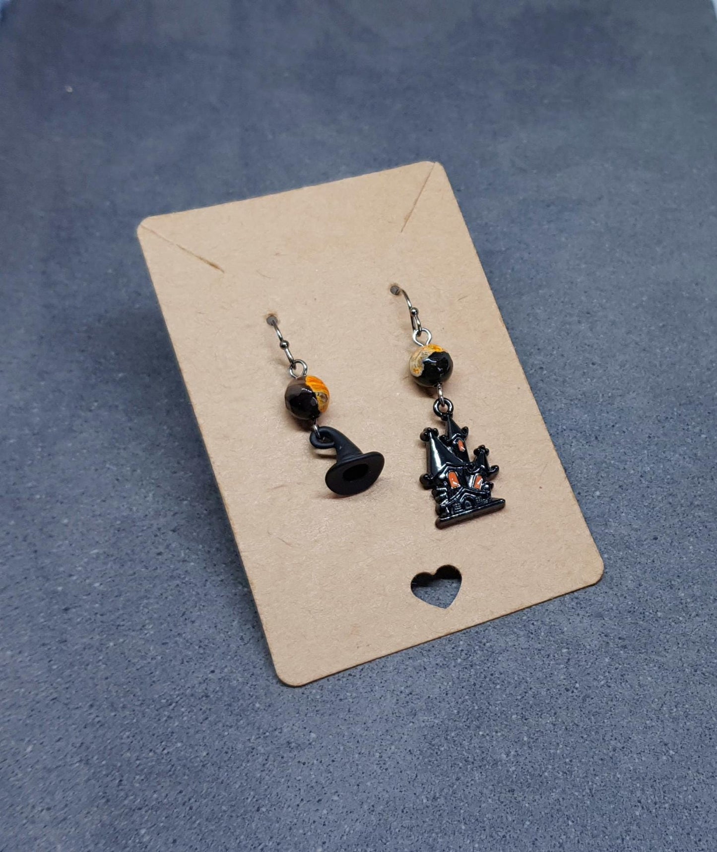 Haunted House Earrings, Hypoallergenic Ear Wires, Autumn Fall Earrings, Natural Fire Crackle Agate Beads, Halloween Earrings, Hallows Eve