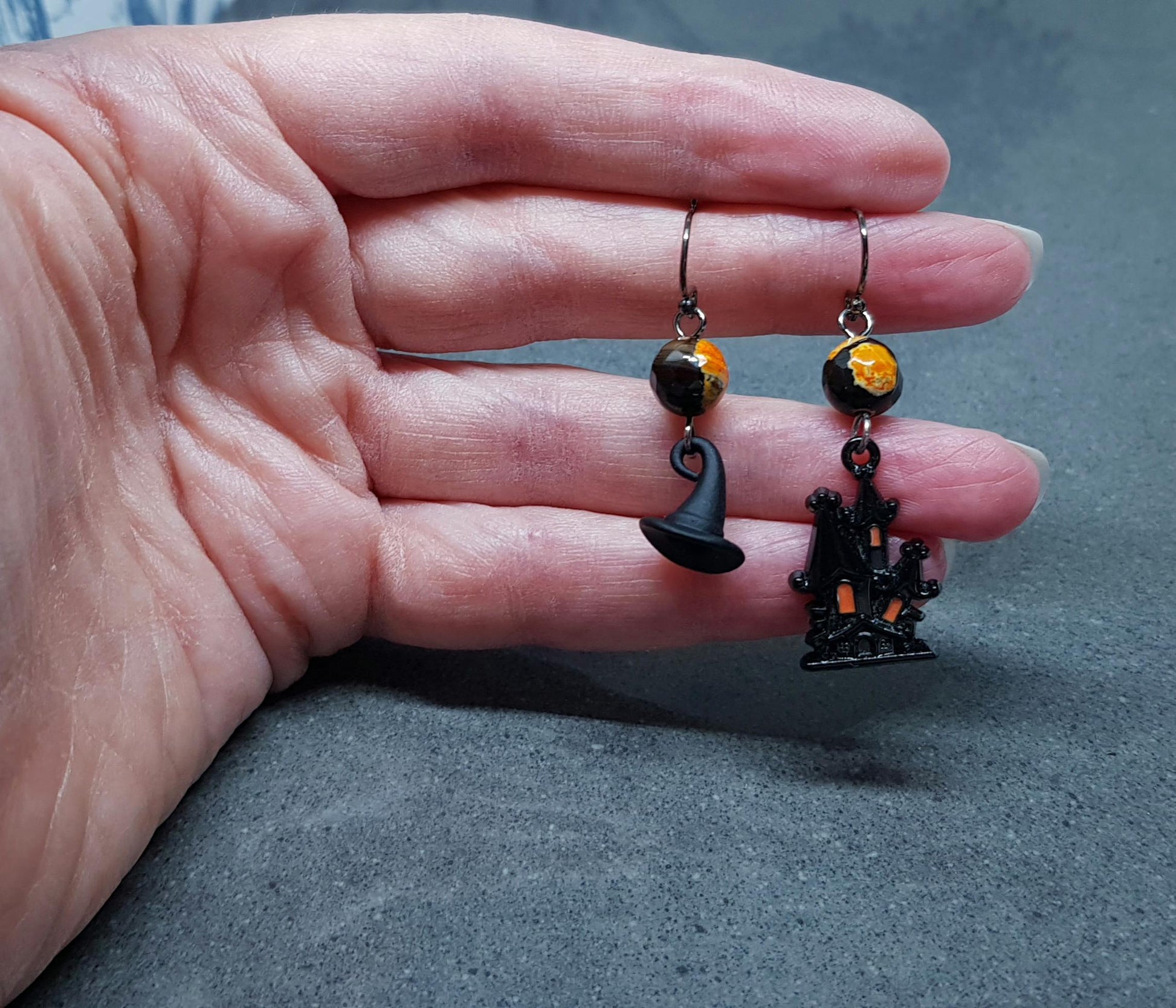 Haunted House Earrings, Hypoallergenic Ear Wires, Autumn Fall Earrings, Natural Fire Crackle Agate Beads, Halloween Earrings, Hallows Eve