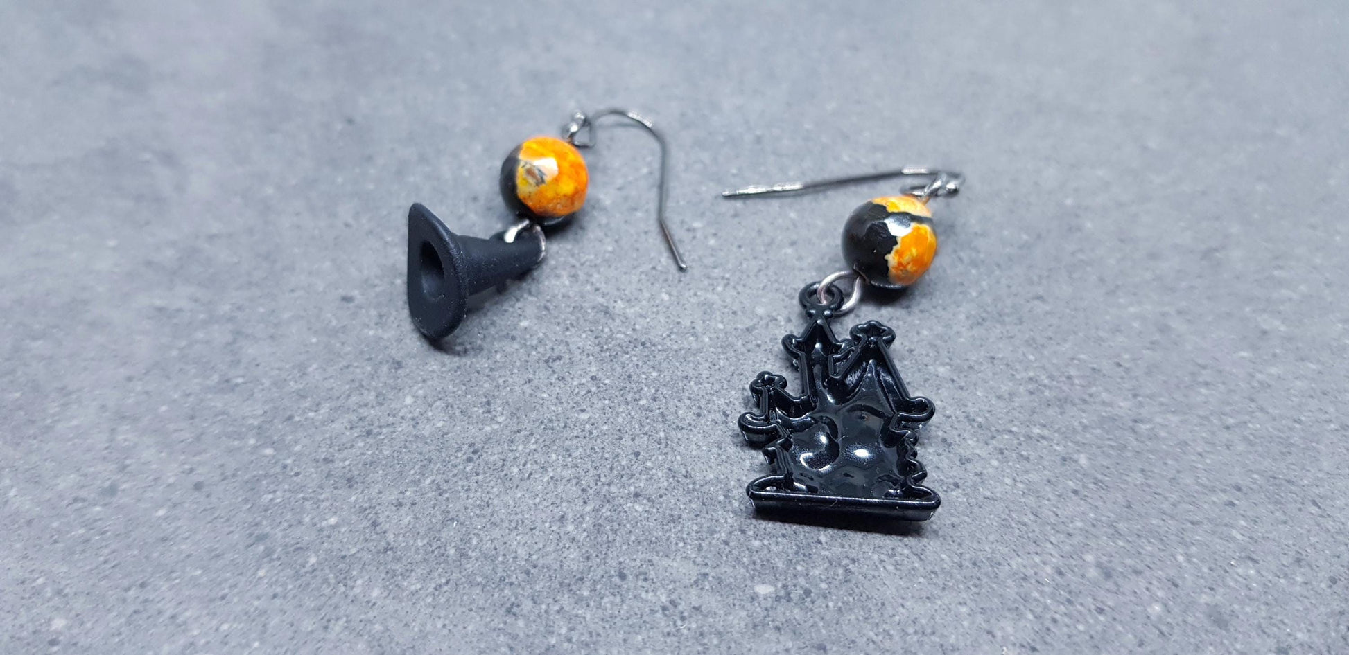 Haunted House Earrings, Hypoallergenic Ear Wires, Autumn Fall Earrings, Natural Fire Crackle Agate Beads, Halloween Earrings, Hallows Eve