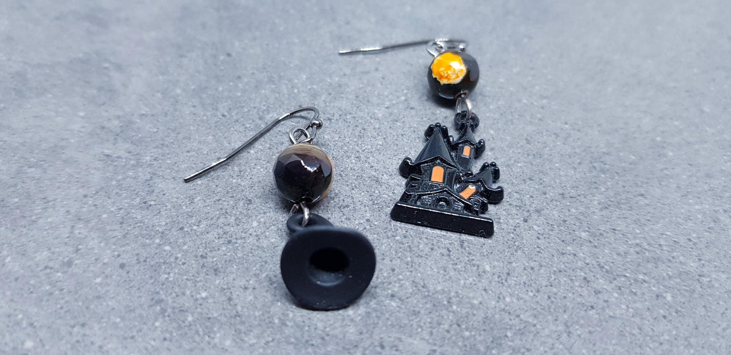 Haunted House Earrings, Hypoallergenic Ear Wires, Autumn Fall Earrings, Natural Fire Crackle Agate Beads, Halloween Earrings, Hallows Eve